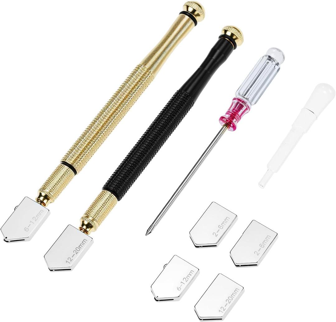 QWORK Glass Cutter Tool Set 2mm-20mm, 9 Pcs Mirror Cutting Tool, 6 Replaceable Glass Cutter Heads, Pencil Style Oil Feed Carbide Tip