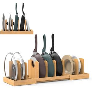Pots and Pans Organizer Under Cabinet, Expandable Pot Lid Organizer, Bamboo Pan Organizer, Pot and Pan Organizer Rack for Kitchen Countertop or inside Cabinet, Brown 