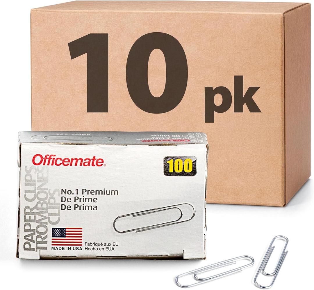 Officemate Premium #1 Paper Clips, 1,000 Paper Clips (10 Boxes of 100 Each) (99916) , Silver