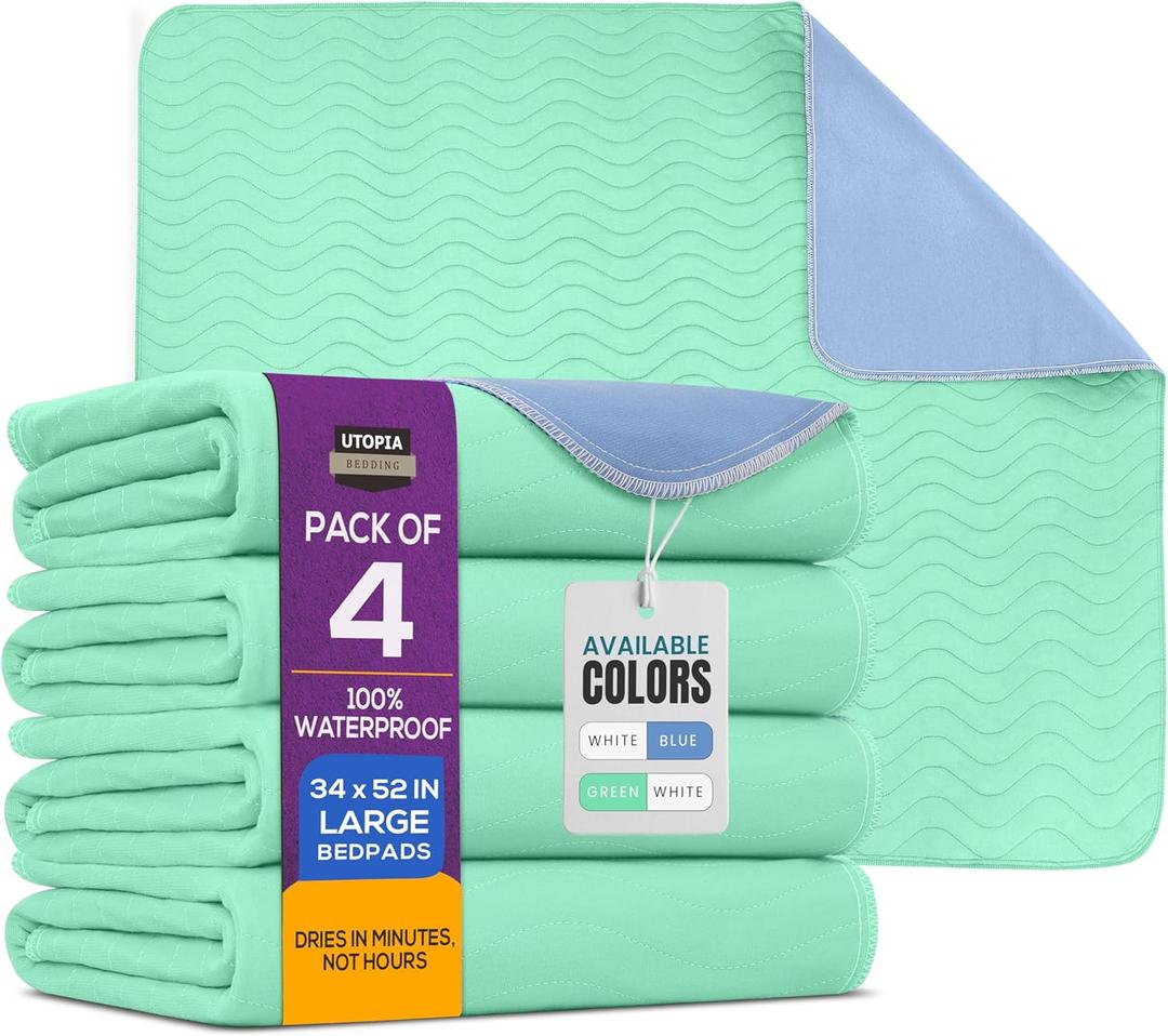 Utopia Bedding Washable Pee Pads for Dogs 34" x 52" (Pack of 4), Waterproof Incontinence Bed Pads for Adults, Elderly and Kids, Heavy Absorbency Pet Training Pads for Sofa and Couch (Green,Blue) (34x52 Inch (Pack of 4))