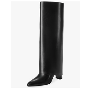 Modatope Knee High Boots Women Fold Over Knee High Boots Chunky High Heels Long Boots Zipper Pointed Toe Dress Tall Boots for Women 8 size, Black