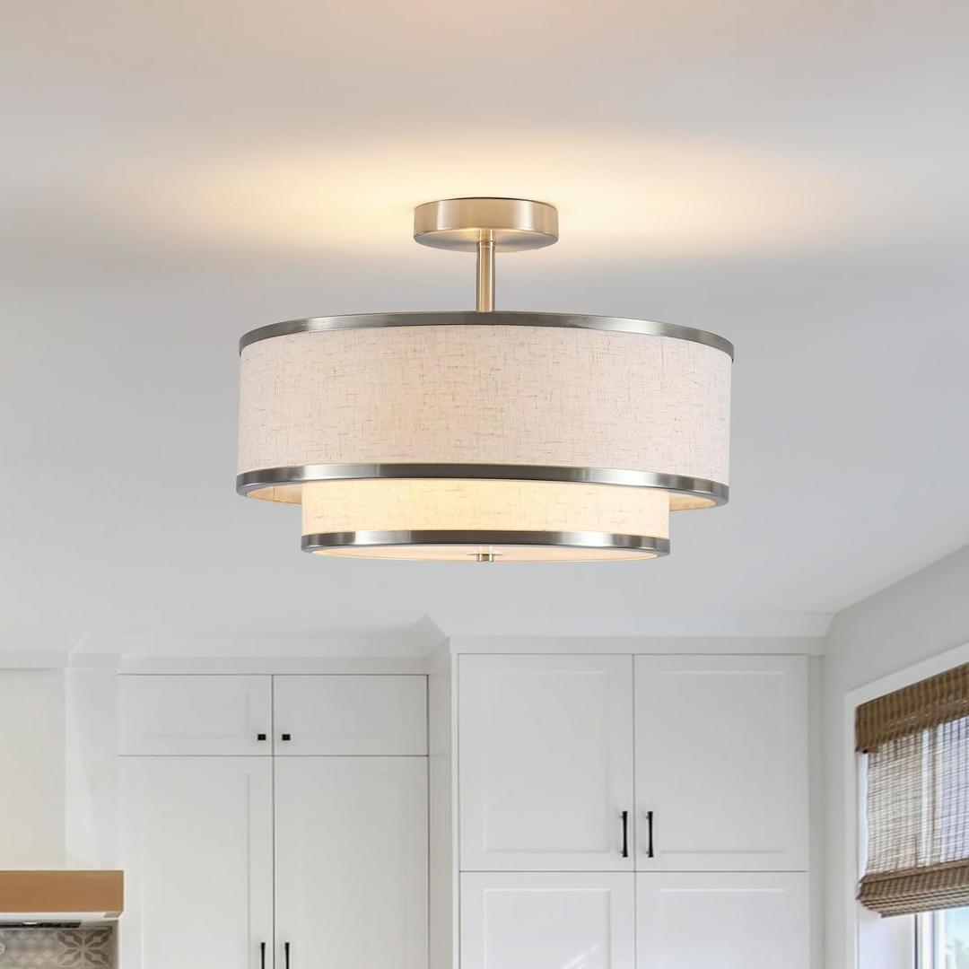 Farmhouse Close to Ceiling Light, 3-Light Flush Mount Ceiling Light Fixture with 2-Layer Fabric Shade, Modern Drum Ceiling Lamp for Hallway Bedroom Living Room (Brushed Nickel)