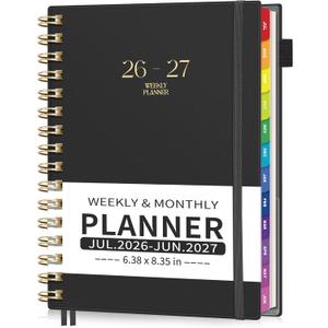 EMSHOI Academic Planner 2026-2027, Weekly and Monthly Calendar (July 2026 - June 2027), School Student Teacher Agenda Book, 100GSM Paper, PVC Cover, Colorful Tabs, A5 (6.38" x 8.35"), Black