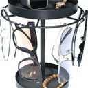 REDANT Metal Sunglasses Organizer, 360 Rotating Glasses Holder Stand with Storage Tray and Jewelry Box, Eyeglasses Holder with Anti-Slip Pads for Tabletop, Desk, Dresser, Black