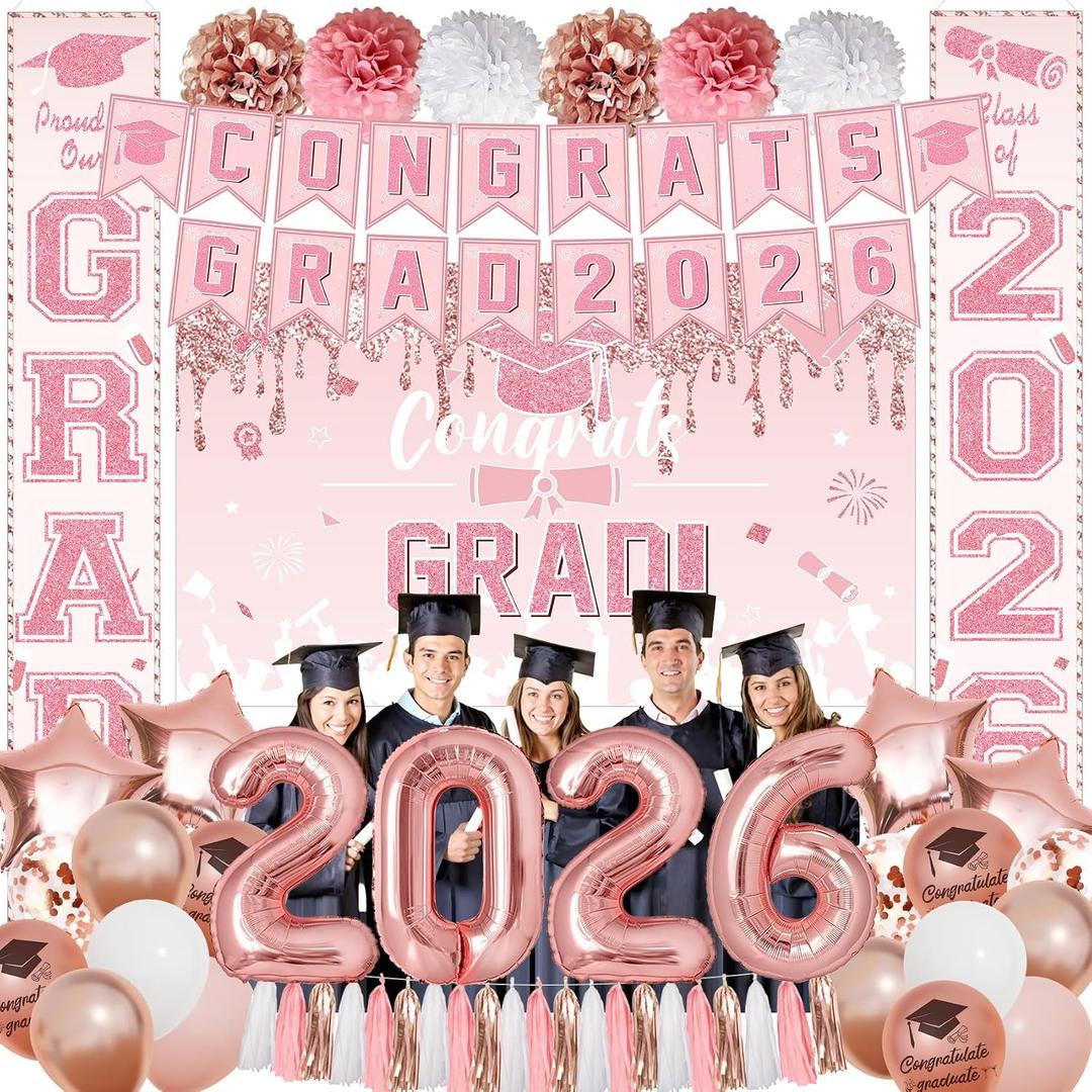 2 x Ouddy Life Graduation Decorations Class of 2026 Pink Rose Gold Graduation Decoration 61Pcs with Congrats Grad Backdrop Banner Porch Sign Balloons for Graduation Party Supplies College Campus Decor