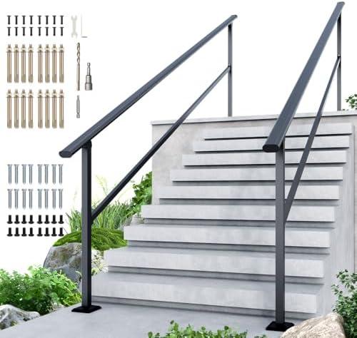 DIYHD 10 Step Handrail, Black Iron Stair Railing, Outdoor Indoor, 2 Pack | Black Powder Coated Rust Protection, Ideal for outdoor porch, Deck, Indoor Stairways, Heavy Duty Carbon Steel Construction