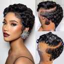 Short Curly Pixie Cut 13x4 Lace Front Wig Human Hair Wigs 13x4 HD Lace Frontal Wigs Short Layered Curly Glueless Wig Pre Plucked Deep Wave Pixie Cut Human Hair Wigs for Black Women, Natural Black
