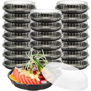20PCS 12 Inch Serving Tray with Lids, Round Catering Trays with Lids with Gold Leaf Design, Disposable Plastic Party Platters for Sandwich, Fruit and Deli, 2.75" Deep Base