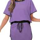 Womens 2 Piece Skort Set 2026 Color Block Short Sleeve Top Drawstring Skort Matching Sets Casual Lounge Summer Outfit (Purple, S)