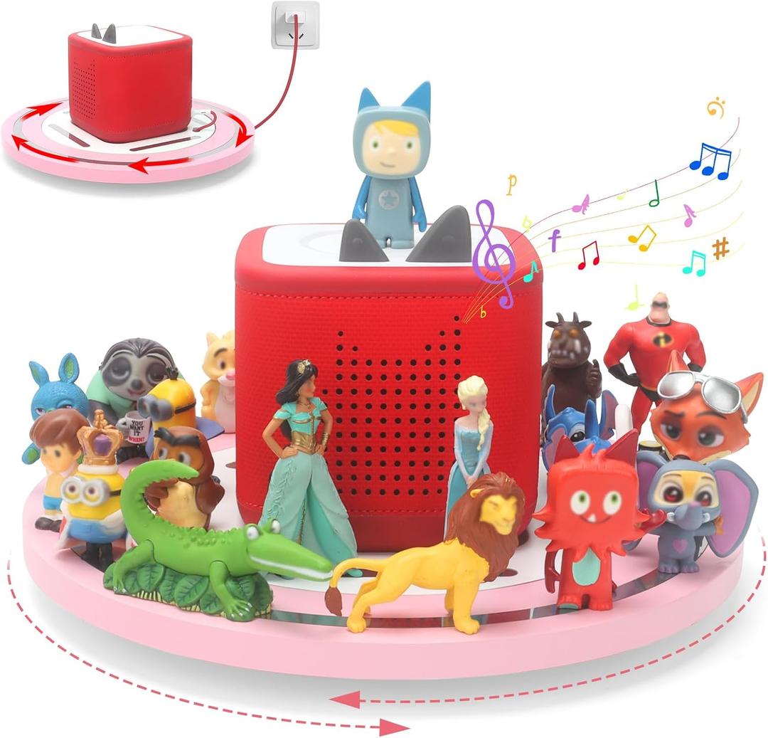 360 Round Turntable for ToniesBox 2 Storage Shelf Magnetic Organizer for Tonies Figures, with Charging Cable Connection Port, Display Collection for 20~30 Tonies Characters (Pink)