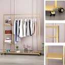 Gold Clothing Racks with Shelf, Boutiques Retail Display Gold Clothes Rack, Multiple Uses Heavy Duty Garment Rack for Hanging Rods for Home and Retail, 59"D x 14.1"W x 61"H