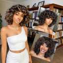 Short Curly Wig For Women Afro Wigs For Black Women Black Mixed Brown Color Big Curly Wig With Bangs Loose Curls Synthetic Wig Big Bouncy Fluffy Curls Wigs For African American Women Daily Wear