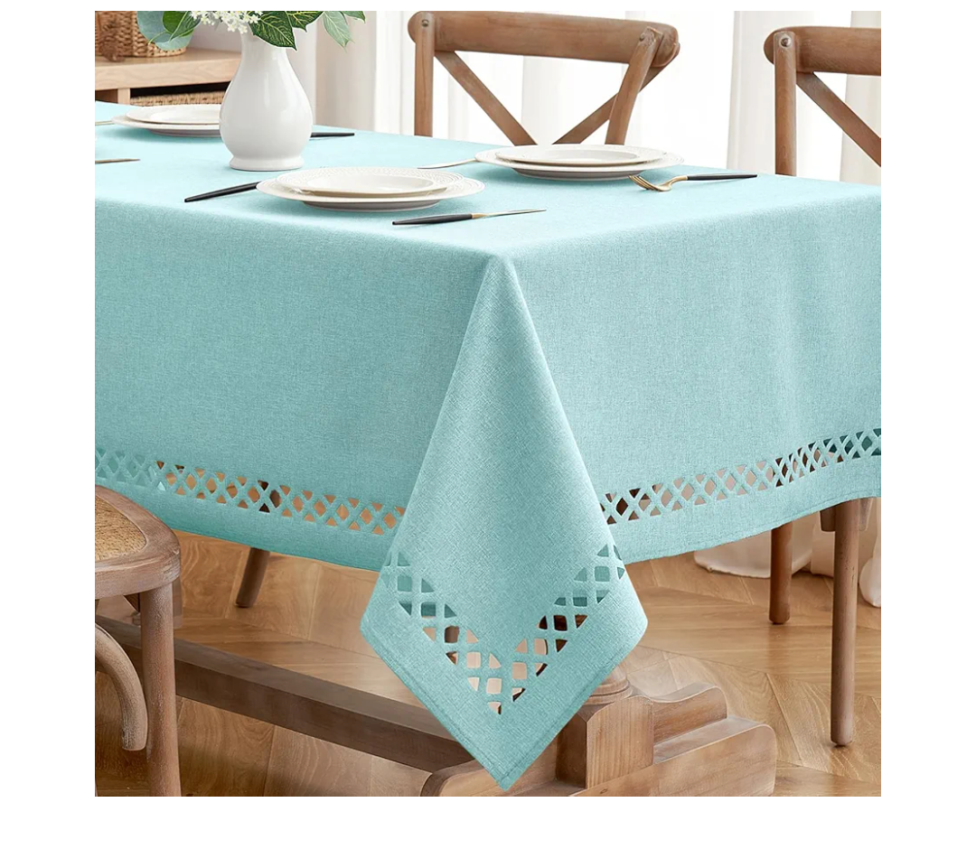 MIULEE Aqua Blue Polyester Linen Rectangle Tablecloth with Decorative Cutouts Waterproof Stain Resistant Table Cloth Light Blue Table Cover for Thanksgiving Dining Party Camping, 52 x 70 inch