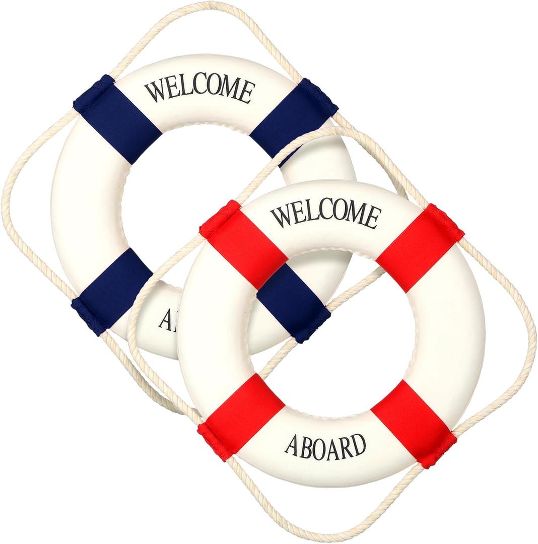 Vercraft 2 Pcs 20" Welcome Aboard Life Ring Large Life Preserver Ring Decorative Nautical Party Decorations Cruise Ship Decorations Lifebuoy Wall Hanging Decor for Home Wall Window, Red and Blue