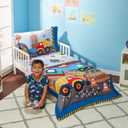 EVERYDAY KIDS 4 Piece Toddler Bedding Set - Under Construction - Includes Comforter, Flat Sheet, Fitted Sheet and Reversible Pillowcase