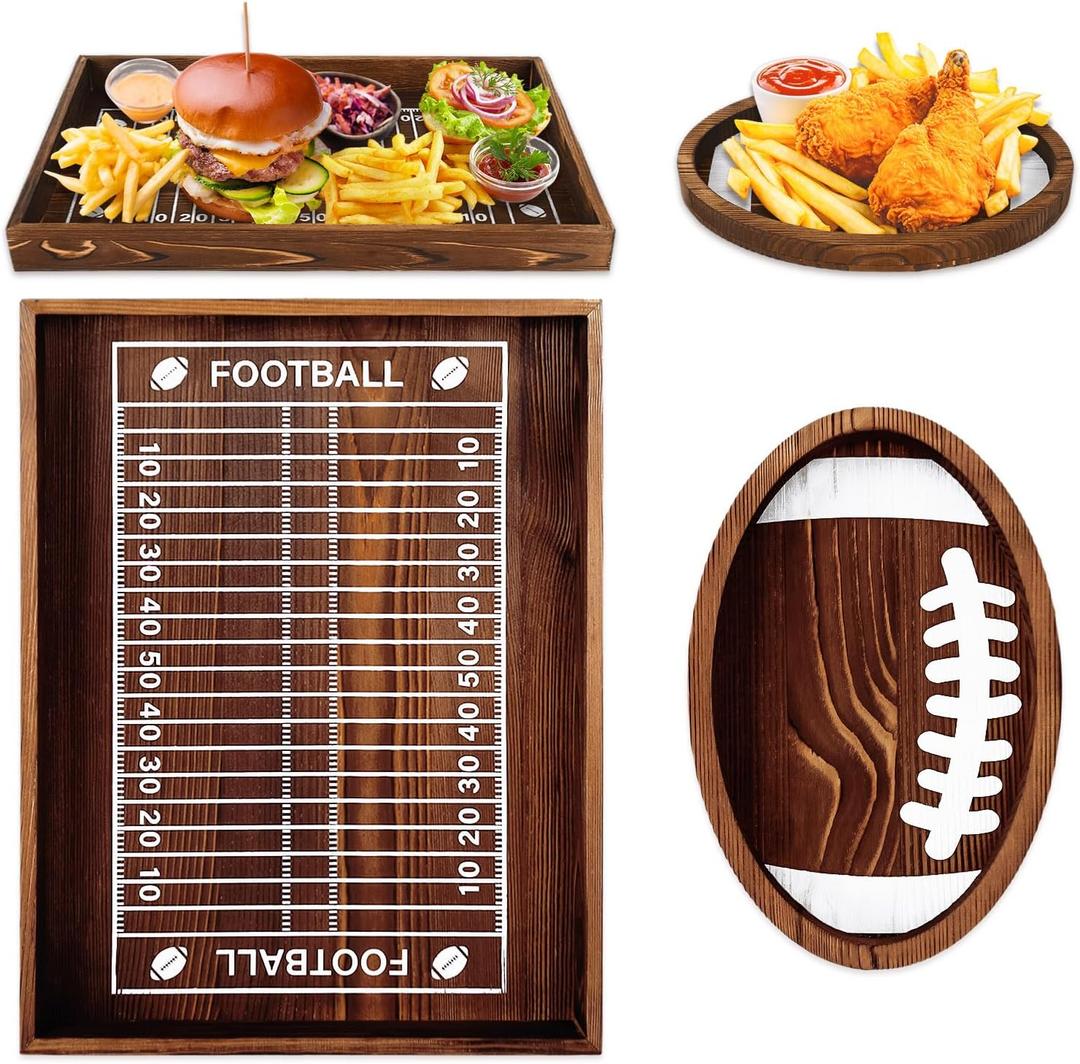 JarThenaAMCS 2Pcs Football Serving Tray 16 Inch Wooden Football Plates Reusable Wood Serving Trays and Platters for Football Season Game Day Party Decor (Brown)