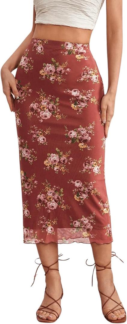 Milumia Women's Boho Floral Print Midi Skirt High Waist Mesh Overlay Pencil Skirts (Large)