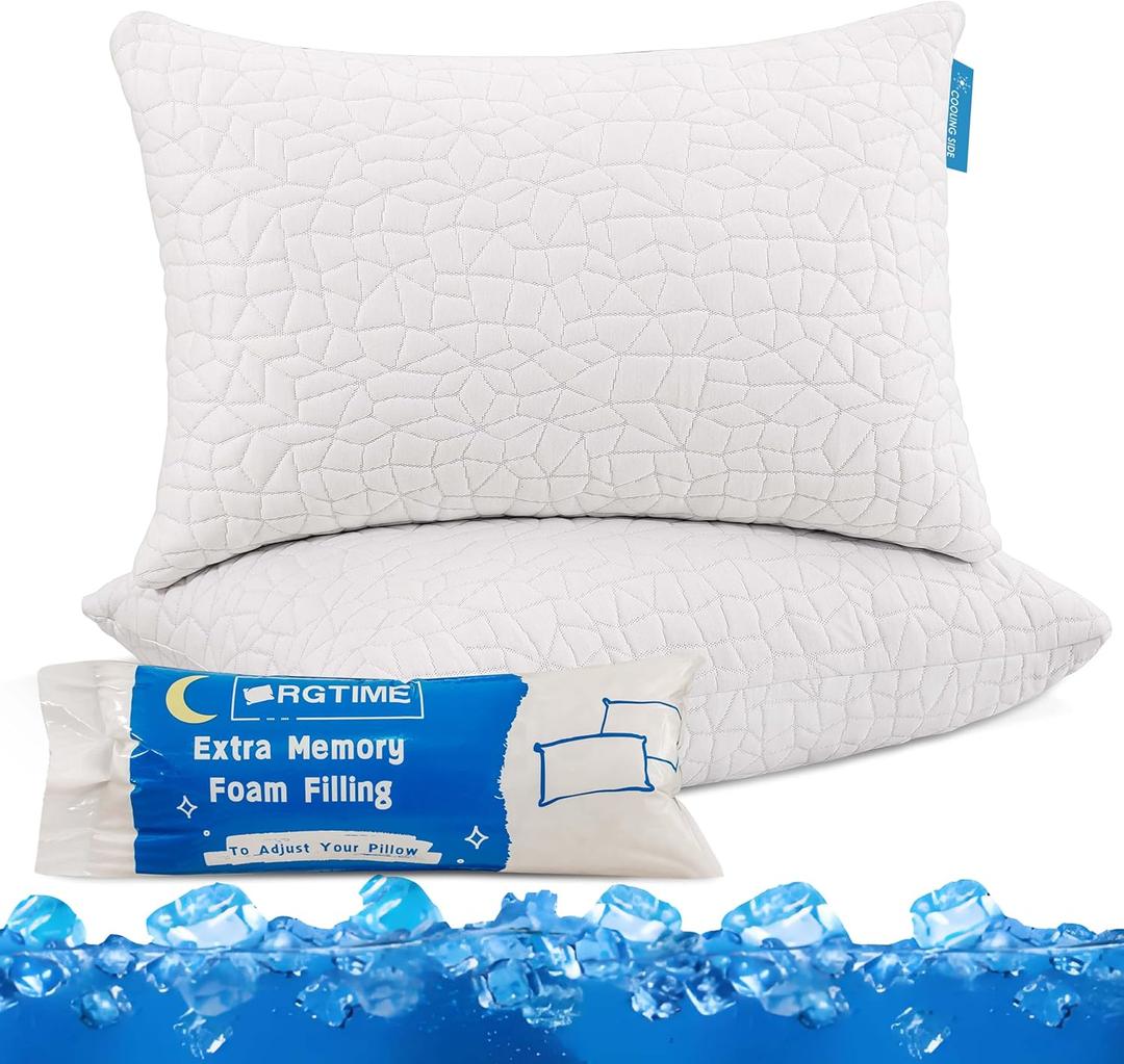 RGTIME Cooling Pillows for Sleeping, Adjustable Shredded Memory Foam Bed Pillows Queen Size Set of 2, Cool Pillow for Hot Sleepers, with Extra Fill for Side Back and Stomach Sleepers
