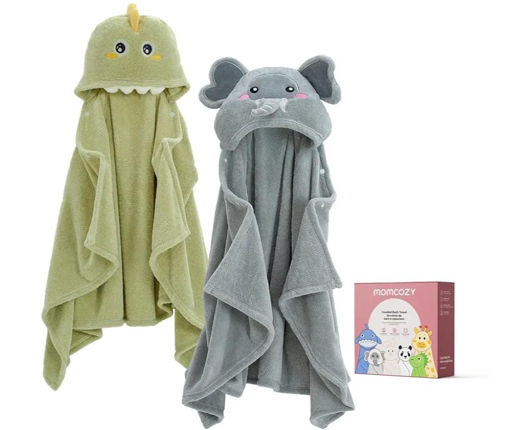 Momcozy Baby Bath Towels with Visualize Health Label - Ultra Soft & Absorbent Coral Fleece Hooded Towels for Newborn, Infant, Toddler (0-36 Months) Bath Essentials (Large Size,2 Pack)