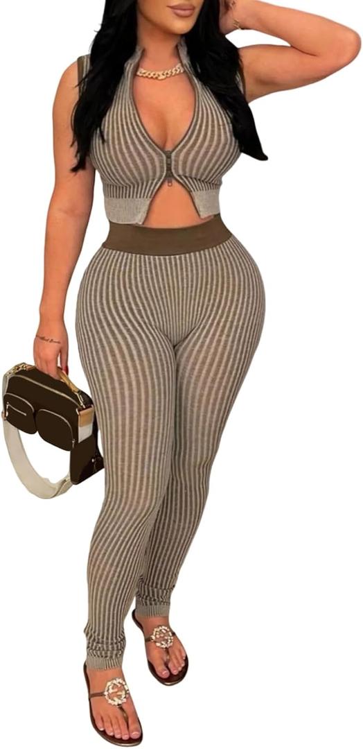 2 Piece Outfits for Women Summer Sexy Zipper Crop Top Bodycon Pants Sets Sleeveless Club Outfits Tracksuit (Small, Apricot)