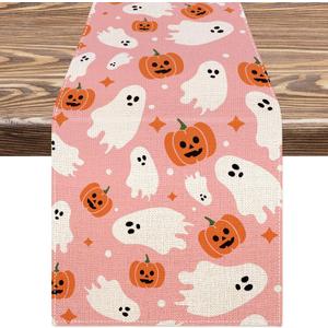 AnyDesign Pink Halloween Table Runner Cute Ghost Table Cover Spooky Halloween Kitchen Dining Table Decoration for Indoor Outdoor Home Party Supplies, 13 x 72 Inch