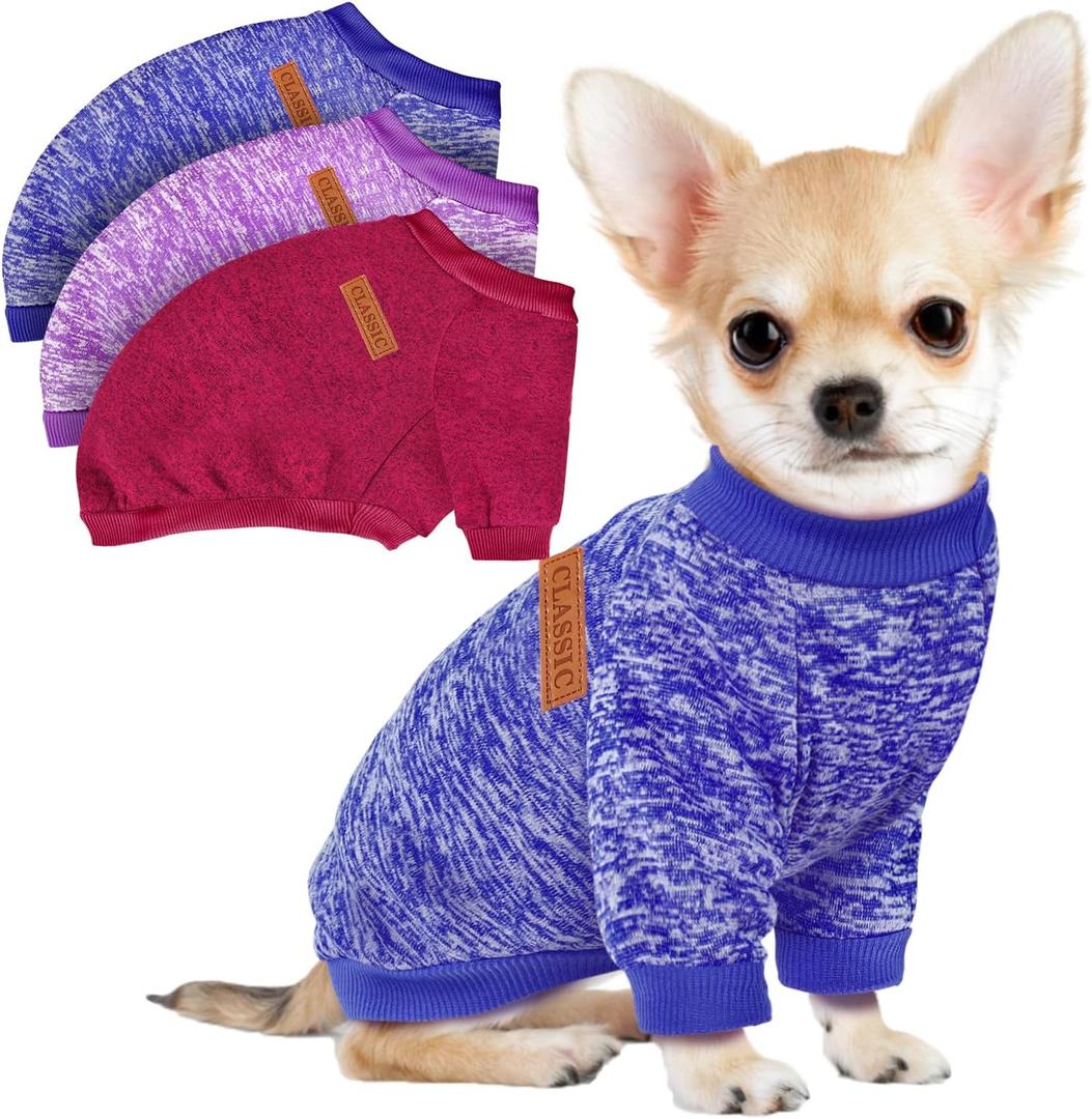 3 Pack Dog Sweaters for Small Dogs Girl Boy Winter Fleece Clothes Warm Soft Dog Sweatshirt Outfit for Dogs Cats Pet Apparel (XL (Back: 17.7", Chest: 22.8", 18-22 lbs), Purple+ Wine Red+Dark Blue)