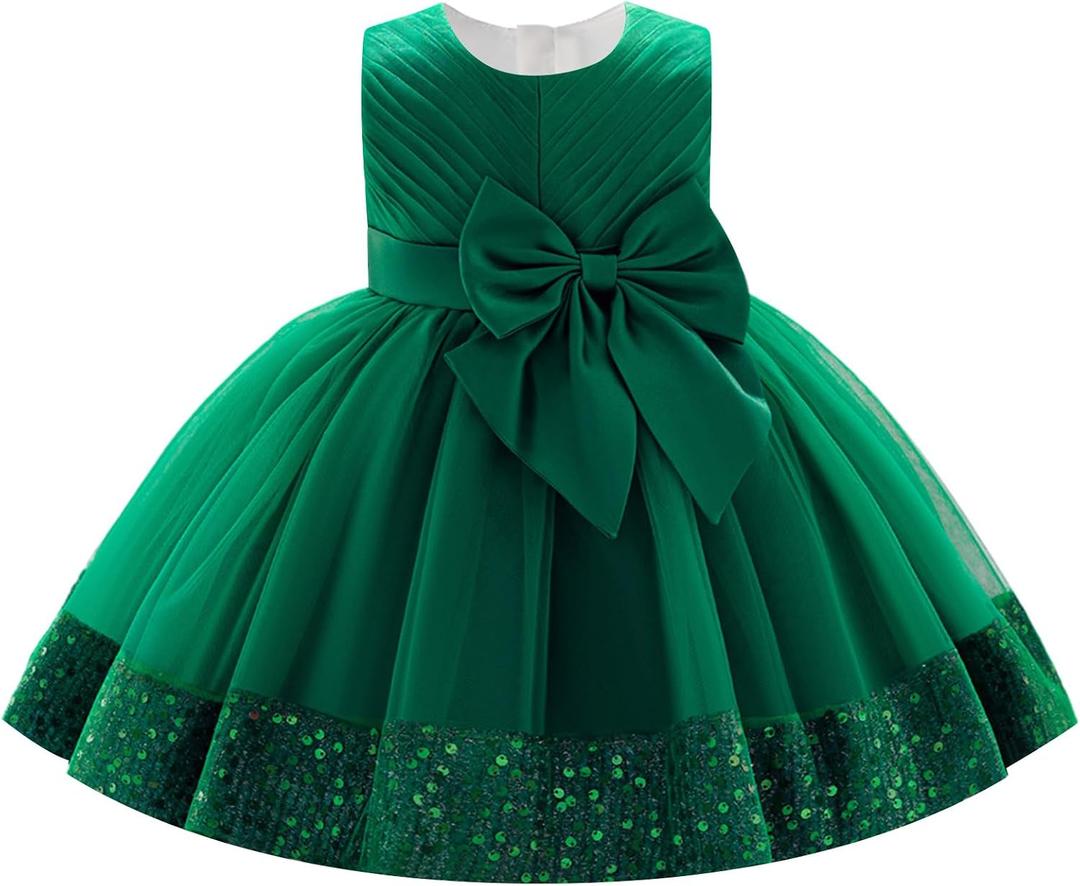 OBEEII Infant Baby Girls Pleated Bowknot Sequins Tulle Tutu Dress Toddler Formal Birthday Baptism Wedding Flower Girl Dress