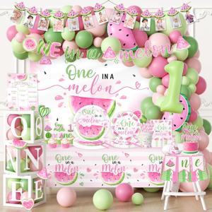 One In A Melon Party Decorations, Watermelon Birthday Decorations with One In A Melon Backdrop Watermelon 1st Plates Napkins Cake Topper Tablecloth Balloon Arch Box for 1st Girl Birthday Party