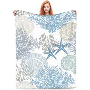 Nautical Coastal Blanket Starfish Seashell Coral Beach Themed Throw Blankets Gifts for Adults Sea Ocean Theme Lightweight Soft Fleece Cozy for Sofa Couch Bed Room Birthday Decor 40x50in