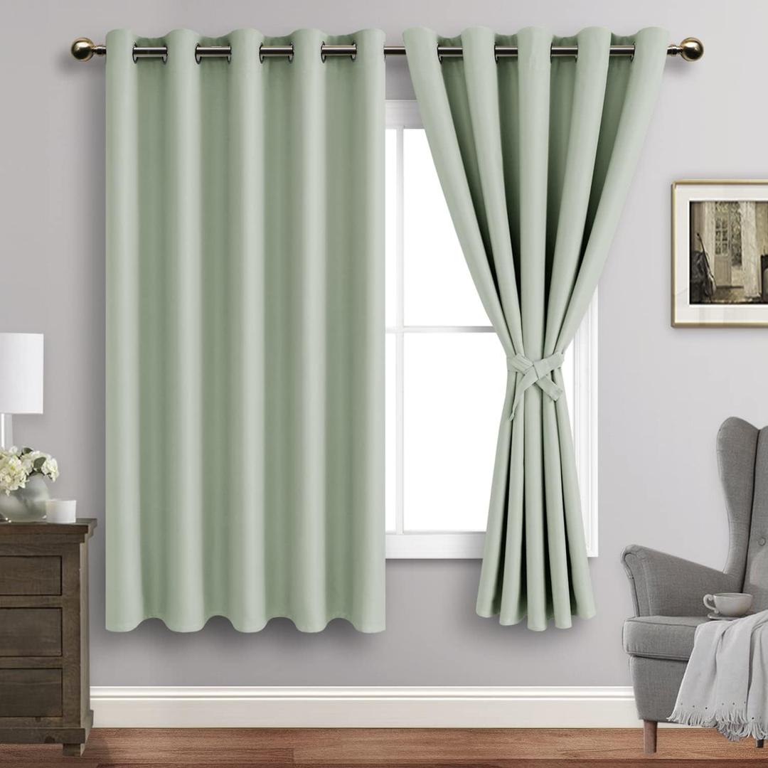 JIUZHEN Light Green Blackout Curtains with Tiebacks Thermal Insulated, Light Blocking and Noise Reducing Grommet Curtains for and Living Room, Set of 2 Window Curtain Panels, 60 x 63 Inch Length (60"W x 63"L (Pack of 2))
