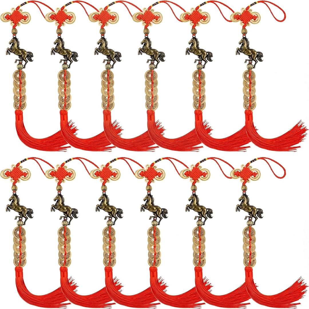 12 Pack Horse Year Feng Shui Coins Set - 2026 Chinese New Year Horse Charms Lucky Chinese Coins with Red Hanging Tassels, Wealth Good Fortune Amulet for Home Office Decoration (Bronze)