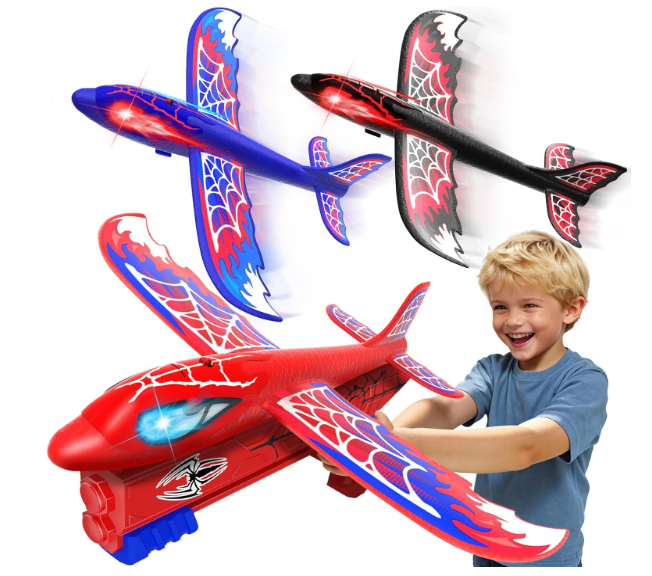 Cool Airplane Launcher Toy with Glowing Eyes & WebPattern Wings,2 Flight Modes Outdoor Games for Kids,Boys Toys Age 312,Birthday Gifts for 3 4 5 6 7 8 9 10 11 12 Year Old,Kids Gift(Red&Blue&Black)