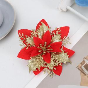 24 PCS Poinsettia Flower Artificial Red Gold Christmas Flowers Artificial 5.5'' Glitter Poinsettias Artificial Christmas Tree Flower With Clips Diy Xmas Wreath Holiday New Year Home Party Decor
