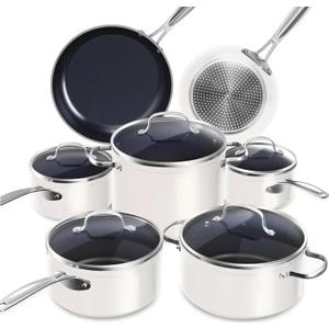 Nuwave Healthy Duralon Blue Ceramic Nonstick Cookware Set, Diamond Infused Scratch-Resistant, PFAS Free, Dishwasher & Oven Safe, Induction Ready & Evenly Heats, Tempered Glass Lids & Stay-Cool Handles (Vanilla Cream)
