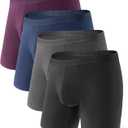DAVID ARCHY Men's Underwear Ultra Soft Modal Dual Pouch Trunks Ball Pouch Bulge Enhancing Boxer Briefs for Men 3 or 4 Pack (B2, Black/Charcoal/Navy/Merlot - 6.5" in 4 Pack)