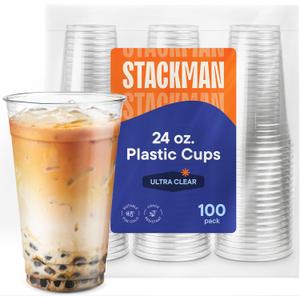 Stack Man [100 Pack - 24 oz.] Clear Disposable Plastic Cups PET Crystal Clear Disposable 24oz Plastic Cups