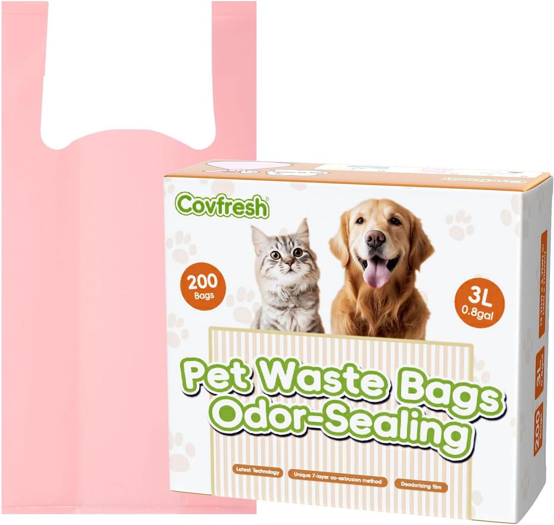 Odor-Sealing Dog Poop Bags with Handles 200 Count Pet Waste Bags, Large Capacity & Unscented Poop Bags for Dogs or Cat Litter, Conceals Smell & Mess (White) (Pink-3L)