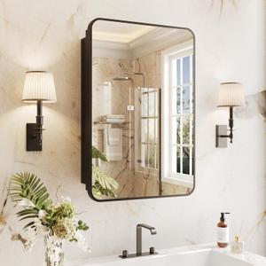 Medicine Cabinet Mirror 17x25 Inch, Black Bathroom Mirror Cabinet with Stepless Adjustable Shelves, Rounded Rectangle Metal Framed, Bathroom Mirror with Storage Recessed or Wall Mount