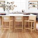 LUE BONA Counter Height Bar Stools 24inch, Set of 2 Faux Leather Woven Counter Stool with Backs, Woven Strips Rattan Barstools with Wood Legs for Dining Room Home Kitchen, Deep Beige