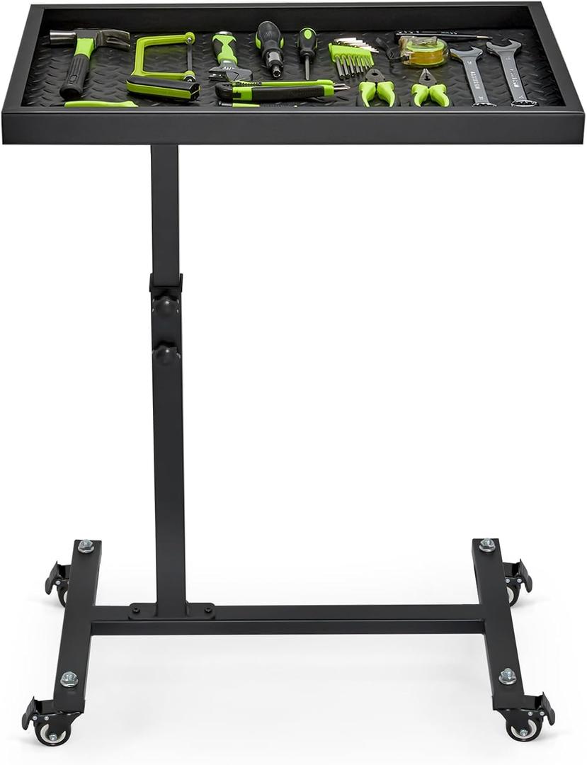 OLBRUS Adjustable Work Table with Wheels, Mechanic Rolling Tool Tray Table for Garage Repair Shops DIY, 220LBS Capacity Mobile Heavy Duty Steel Tool Cart (Black)