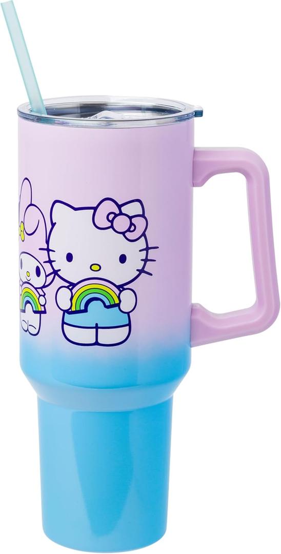 Silver Buffalo Sanrio Hello Kitty and Friends Featuring My Melody, Kuromi, Pompompurin Rainbow Ombre Double Walled Stainless Steel Tumbler with Handle and Straw, Fits in Standard Cup Holder, 40 Ounces