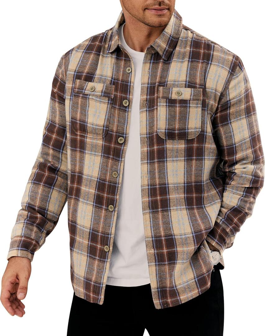 Men Fleece-Lined Button Shirt Flannel Plaid Warm Winter Casual Jacket with Flap Pockets (Large, Brown)