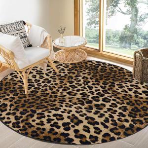 3Ft Leopard Print Round Area Rug, Washable Non-Slip Ultra-Soft Low Pile Carpet, Non-Shedding Modern Circle Rug for Bedroom Entryway Kitchen Bathroom Office