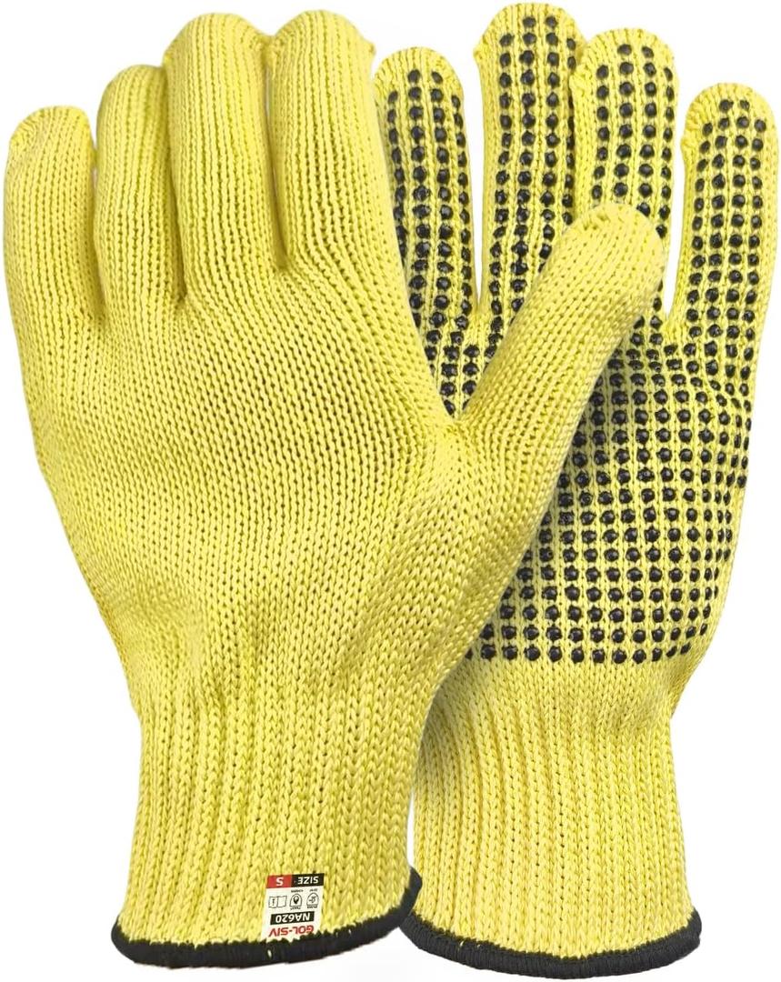 Heat Cut Resistant Gloves,Aramid leather Oven Gloves with Fingers,Heat Resistant Up to 550F, Thick Knit Grill Mitts (silicone beads, Small)