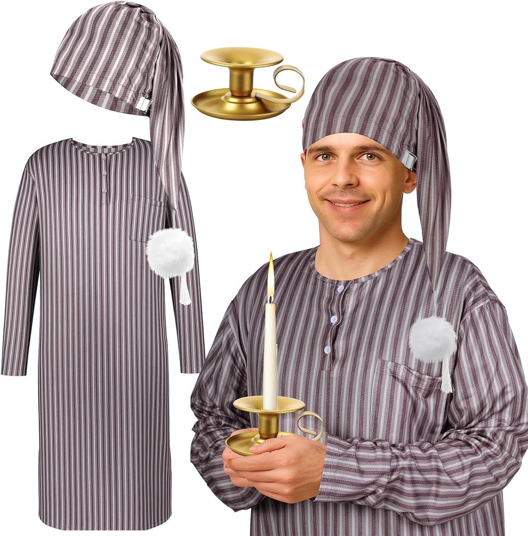 Liitrsh 3 Pcs Christmas Nightshirt Costume Cosplay Christmas Men's Pajama Nightgown Adjustable Sleep Cap Candle Holder (Medium)
