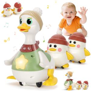 Hestiasko Baby Toys 6 8 10 12 Months, Tummy Time Duck Toy, Musical Dancing Duck Set with Lights & Sounds, Crawling and Interactive Sensory Learning Toy for Infants, Toddlers Gift for 1 Year Old Boy (Green)