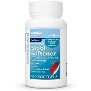 Amazon Basic Care Stool Softener Laxative, Docusate Sodium 100 mg, Softgels, For Constipation Relief, 100 Count 2 prs 2027 Jun