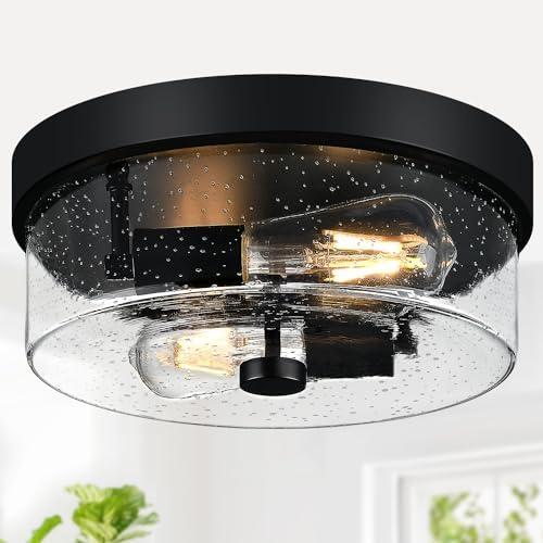 Black Flush Mount Ceiling Light Fixtures, 2-Light Ceiling Mount for Farmhouse with Seeded Glass Lampshade, Industrial Flush Mount Light Fixture Farmhouse for Hallway, Kitchen, Entryway and Foyer Black Flush Mount Ceiling Light Fixtures, 2-Light Ceiling Mount for Farmhouse with Seeded Glass Lampshade, Industrial Flush Mount Light Fixture Farmhouse for Hallway, Kitchen, Entryway and Foyer