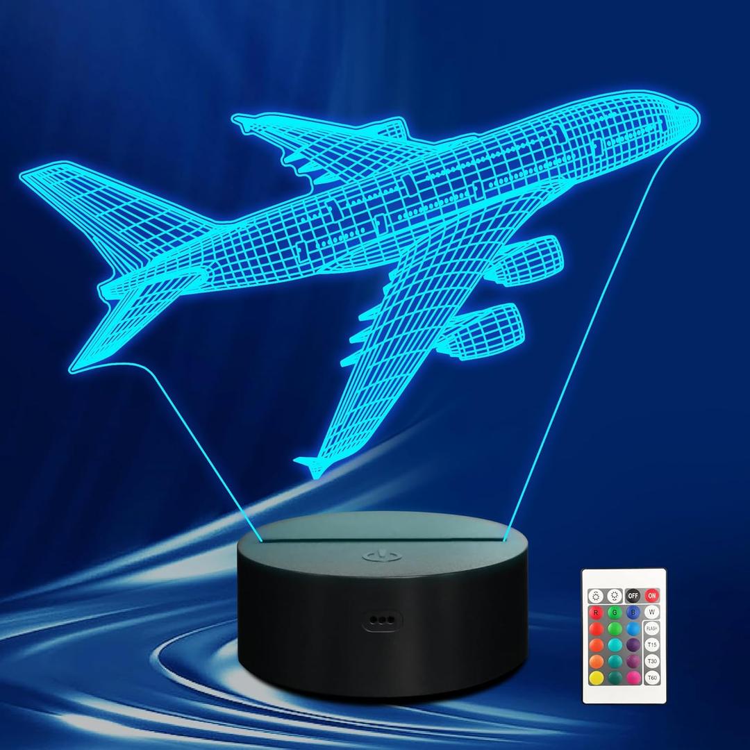 Airplane Night Light, 3D LED Optical Illusion Lamp with Remote Control and Timer, Christmas and Birthday Gift for Men, Boys and Kids (Customized)