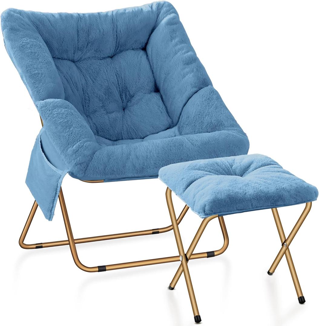 Comfy Saucer Chair for Adults, Foldable Living Room Chairs, Soft Faux Fur Lounge Chair for Bedroom, Reading Chairs, X-Large (Ottoman-Blue)